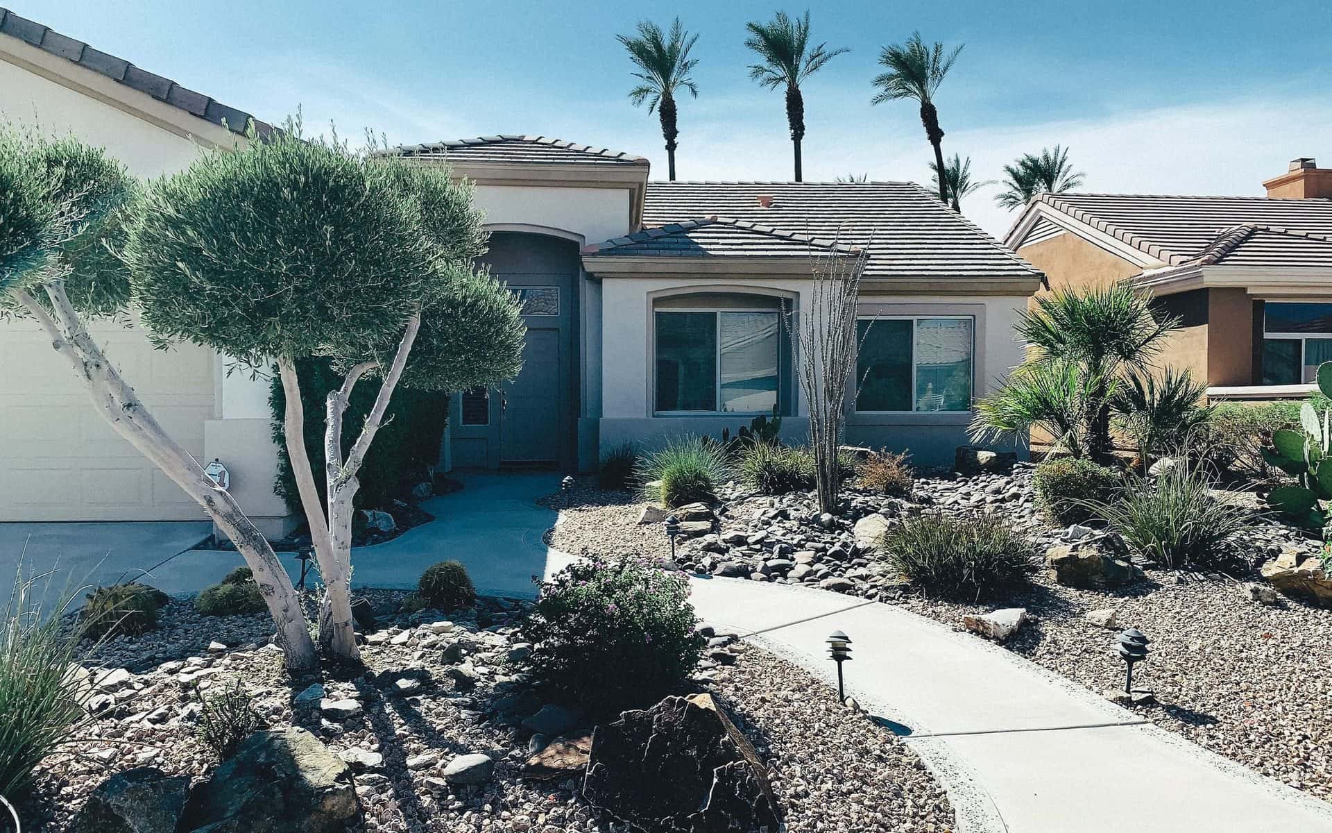 Drought-tolerant front yard in Vista with palms, boulders, gravel beds and a lit walkway